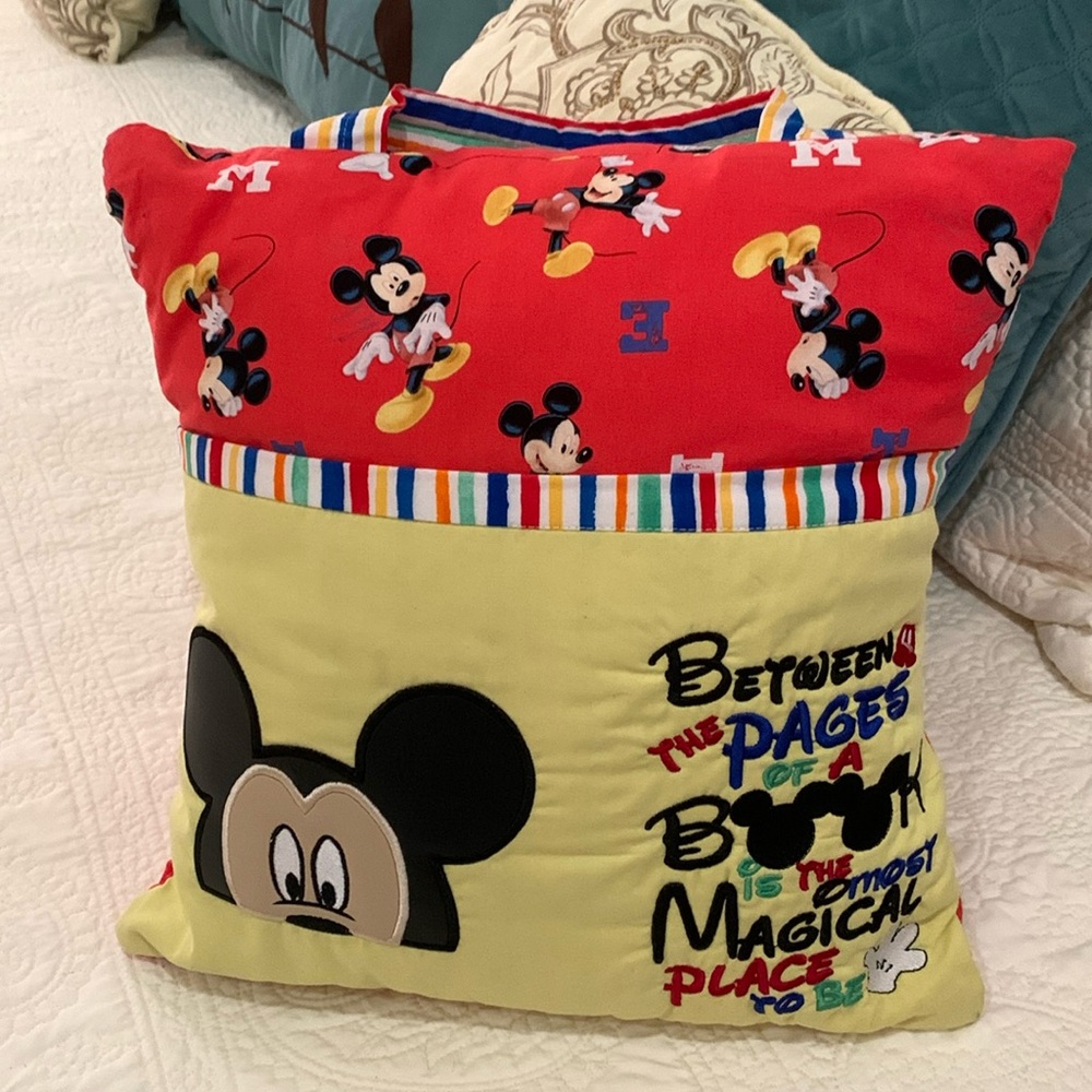 Disney Mickey Mouse embroidered reading pocket pillow. Laundered & Sanitized.